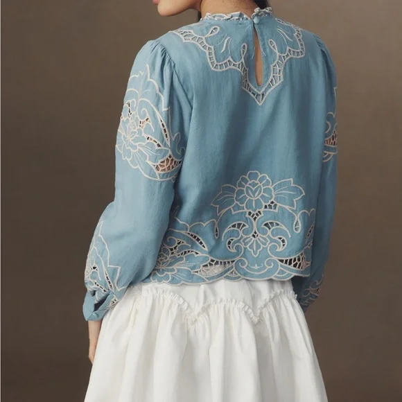 Blue Embroidered Women's Top Anthropologie with tag - Picture 5 of 6